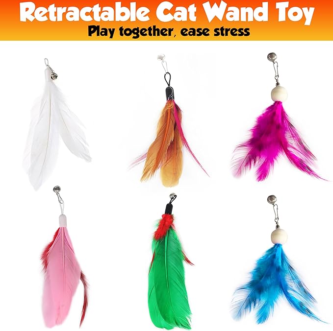 Retractable cat wand toys, 14PCS teaser refills-feather & worm refills and chirping mouse toy, interactive cat teaser toys for indoor cats, fishing pole games for bored indoor kitten exercise & play-Mewly Pet