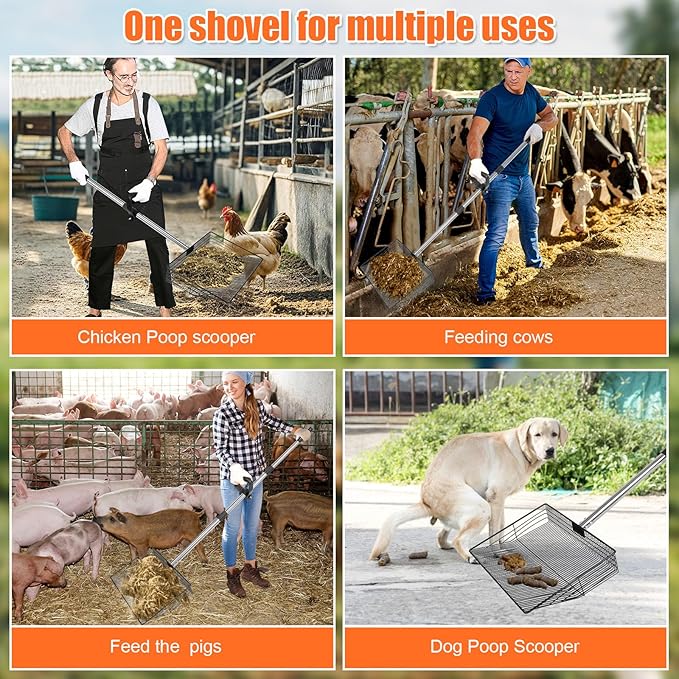 15 inch Large Chicken Poop Scooper with Ergonomic Grip, 6 in 1 Detachable Chicken Scooper for Poop Shovel (20 to 79"), Stainless Steel Sifting Shovel for Chicken Coop/Goat Stall/Stable Cleaning Tool-Mewly Pet