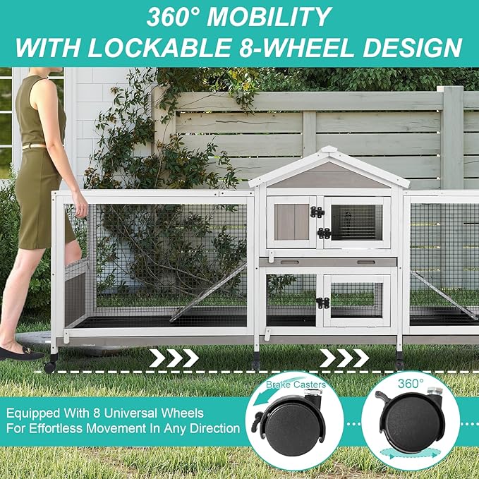 2-Tier Rabbit Hutch with Wheels, Indoor & Outdoor Small Animal Cage with Deep Pull-Out Tray, Anti-Chew Frame, Habitat for Bunny, Guinea Pig, Chinchilla (93" L x 19" W x 35" H)-Mewly Pet