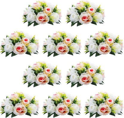 NUPTIO Pcs of 10 Fake Flower Ball Arrangement Bouquet,15 Heads Plastic Roses with Base, Suitable for Our Store's Wedding Centerpiece Flower Balls for Centerpieces Home Décor (Pink Champagne & White)
