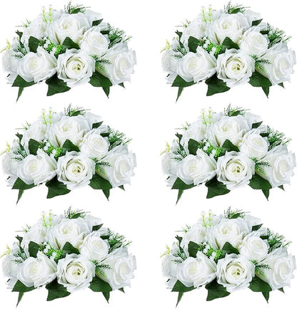 NUPTIO Pcs of 6 Fake Flower Ball Arrangement Bouquet,15 Heads Plastic Roses with Base, Suitable for Our Store's Wedding Centerpiece Flower Rack for Parties Valentine's Day Home Décor (Pure White)