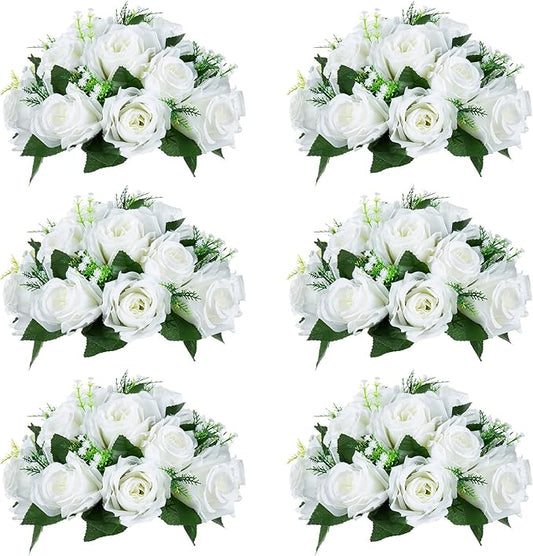 NUPTIO Pcs of 6 Fake Flower Ball Arrangement Bouquet,15 Heads Plastic Roses with Base, Suitable for Our Store's Wedding Centerpiece Flower Rack for Parties Valentine's Day Home Décor (Pure White)