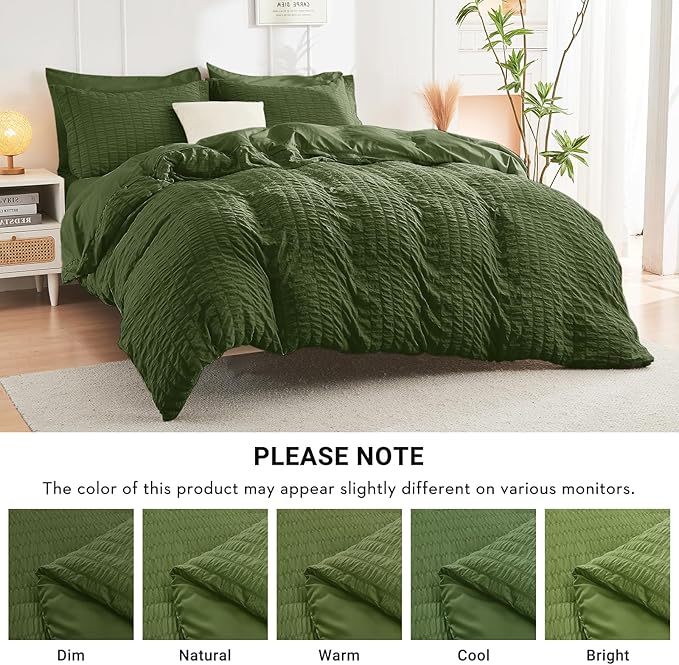 HYMOKEGE Olive Green Twin Comforter Set Seersucker 5 Pieces, All Season Luxury Bed in a Bag for Bedroom, Bedding Set with Comforter, Sheets, Pillowcase & Sham