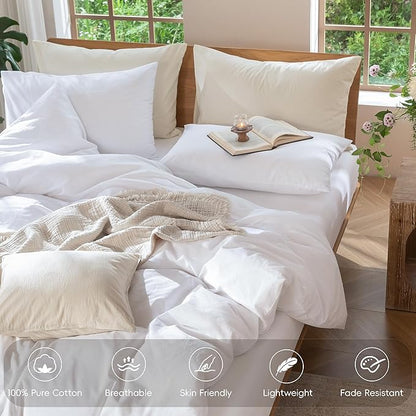 MooMee Bedding Duvet Cover Set 100% Washed Cotton Linen Like Textured Breathable Durable Soft Comfy (Solid Bright White, Twin 68"x90")