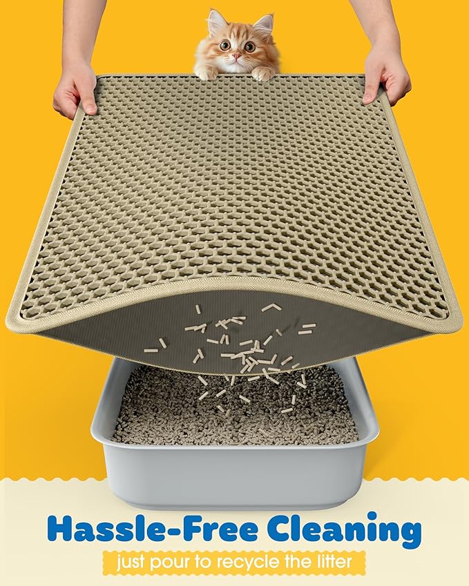 Cat Litter Mat - 23.2'' x 14.6'' Small Litter Trapping Mat, Easy to Clean Litter Box Mat, Waterproof, Urine-Proof, Non-Slip Kitty Litter Mats for Floor, Beige-Mewly Pet