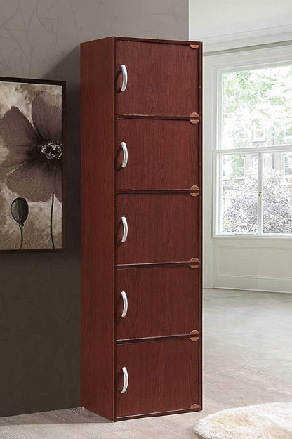 Hodedah 5-Shelf, 5-Door Bookcase in Mahogany