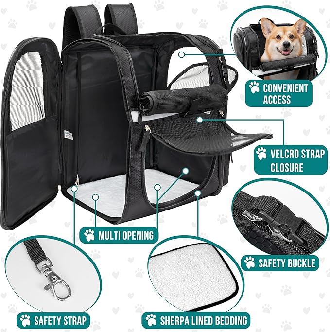 PetAmi Dog Backpack Carrier for Small Large Cat, Pet, Puppies, Ventilated Pet Hiking Backpack Travel Bag, Airline Approved Cat Backpack Carrier, Safety Back Support, Camping Biking, Max 18 lbs, Black-Mewly Pet