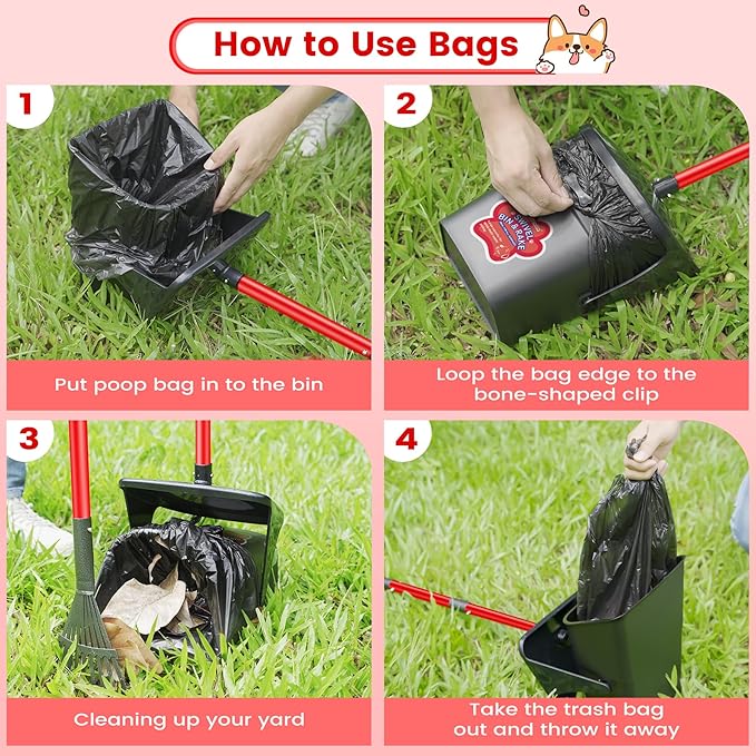 Pooper Scooper Swivel Bin & Rake & Spade with 60 Waste Bags, Heavy Duty Dog Poop Scooper for Large Medium Small Dogs, Long Stainless Steel Handle Use on Yard, Grass, Dirt or Gravel-Mewly Pet