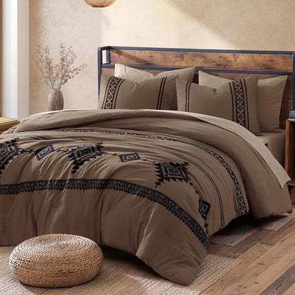 MaiRêve Embroidery King Size Comforter Set Brown, Boho Farmhouse Western Bedding Set 7 Pieces, All Season Bed in A Bag Comforter Set with Sheets, Pillowcases & Shams