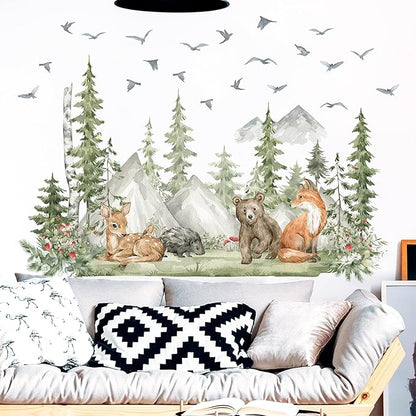 Giant Watercolor Mountain Forest Tree Wall Stickers, Sunoyar DIY Woodland Pine Wall Decal for Kids Boys, Jungle Wild Animal Fox Deer Bear Mural Decor for Nursery Bedroom Living Room Playroom (Green)