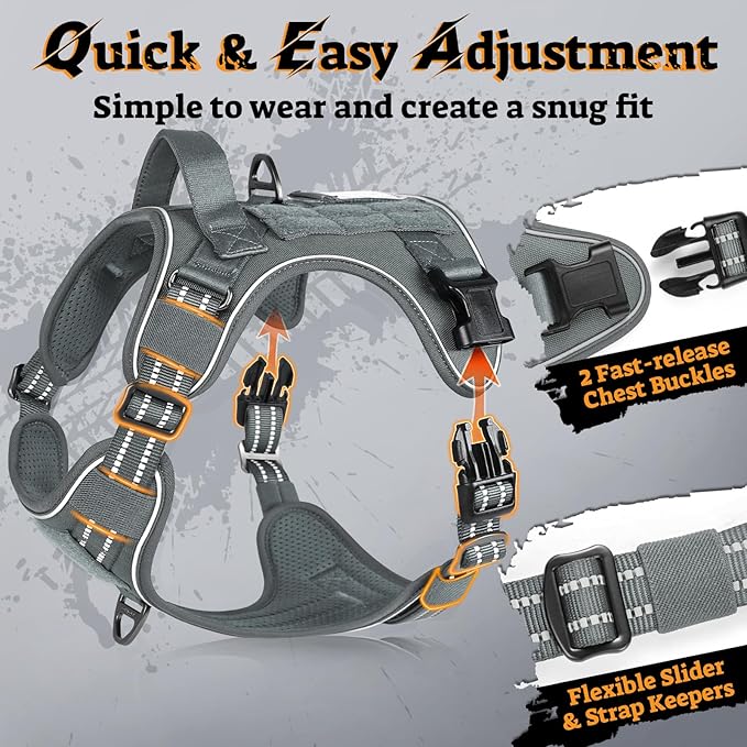 rabbitgoo Dog Harness for Large Dogs No Pull, Tactical Service Pet Vest with Molle and Control Handle, Adjustable and Reflective Military Harness for Easy Walking and Training, Grey, XL-Mewly Pet