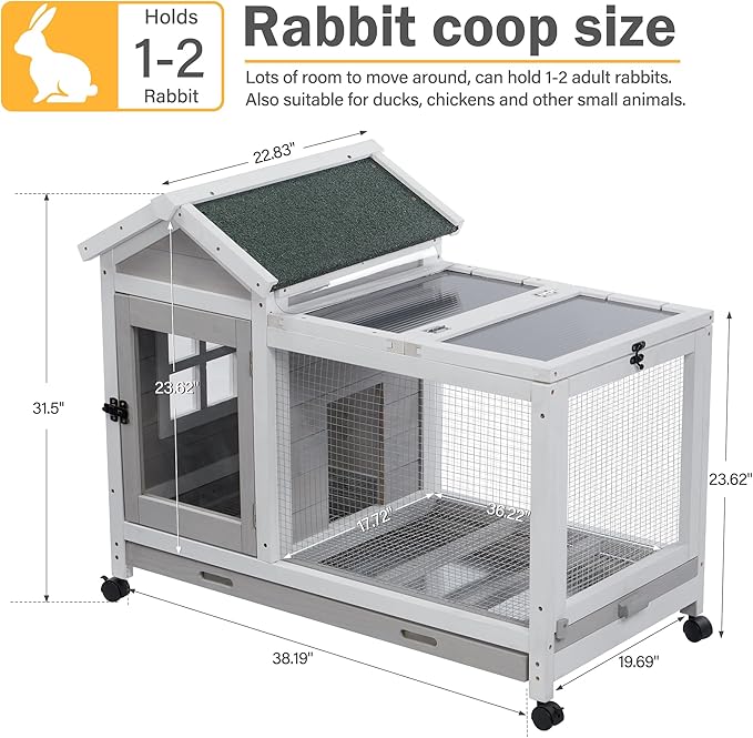 Wooden Rabbit Hutch with Waterproof Roof,Outdoor/Indoor Bunny Cage with Removable Slide-Out Bottom Tray, Chewproof Rabbit cage for Small-Medium Animals (Guinea Pigs, Hedgehogs)-Mewly Pet