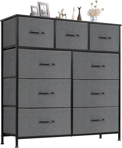 Sweetcrispy 9 Drawer Fabric Dresser Tall Chest Storage Organizer Tower with Cabinet Metal Frame and Wood Top Lightweight Nursery Closet Furniture for Bedroom,Charcoal Grey