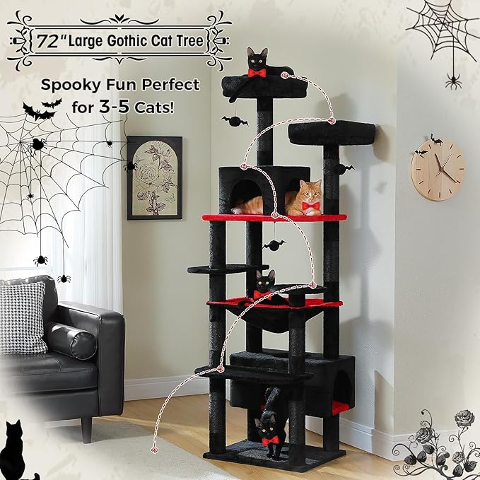 PAWZ Road Large Cat Tree, 72 Inches Gothic Cat Tower for Large Cats, Cat Condo with Sisal-Covered Scratching Posts and Pads, 2 Padded Perch, Dual Condo and Basket for Indoor Cats-Black-Mewly Pet