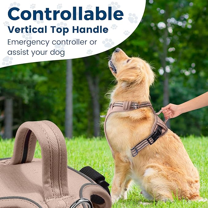 Funfox Dog Harness No Pull, Adjustable Pet Vest Harness, Super Soft Material with Vertical Handle Easy Control, Reflective Night Walking, 2 Leash Clips for XLarge Dogs, Brown, XL-Mewly Pet