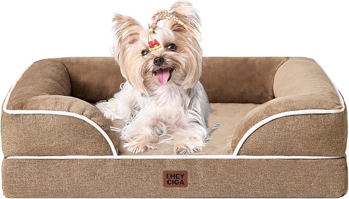 EHEYCIGA Orthopedic Dog Bed for Small Dogs, Waterproof Memory Foam Small Dog Beds with Sides, Non-Slip Bottom and Egg-Crate Foam Medium Pet Couch Bed with Washable Removable Cover, Camel-Mewly Pet