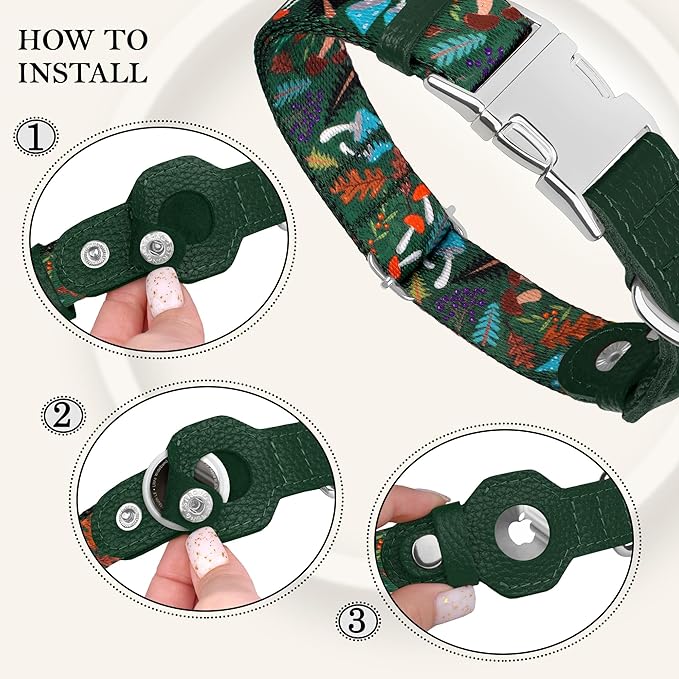 AirTag Dog Collar for Small Medium Large Breed - Adjustable Cute Pattern Dog Collar with Airtag Holder - Soft Leather Tracker GPS Apple Air Tag Pet Collars (Large, 17"-21" Neck Fit, Mushroom)-Mewly Pet