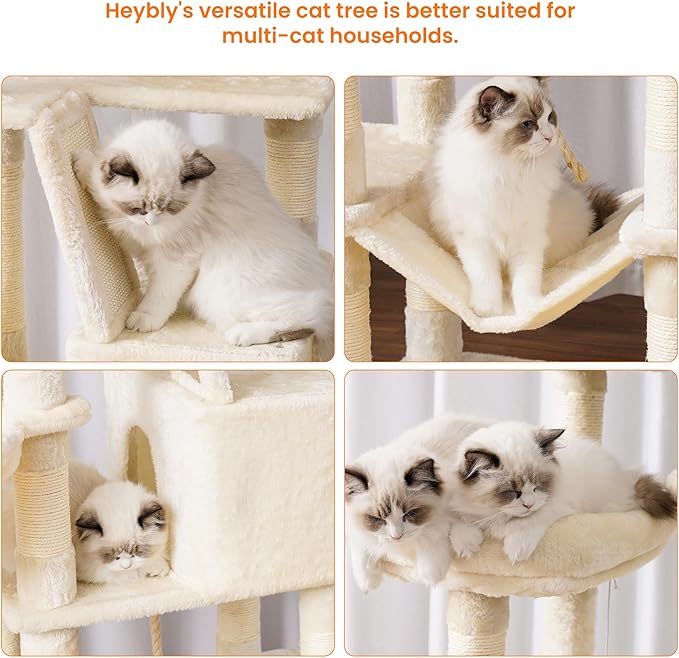 Heybly Cat Tree, 68 inch Multi-Level Cat Tower for Indoor Cats, 2 Widened Plush Perches Cat Condo with Scratching Board and Big Caves, Beige HCT025M-Mewly Pet