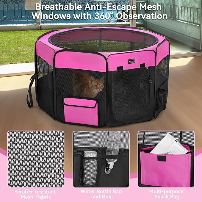 PETSFIT 29" Puppy Playpen with Removable Waterproof Mat & Zippered Roof | RV, Camping, Travel Dog Pen | Indoor/Outdoor Whelping & Cat Observation Space(29.5"x29.5"x16.5"H)-Mewly Pet