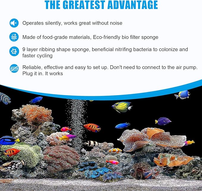 AQQA Aquarium Sponge Water Filter, Power Driven Double Biochemical Filter, Quiet Submersible Foam Filter with 2 Extra Sponges, 1 Bag of Filtered Ceramic Balls for Fresh and Salt Water Fish Tank (L)-Mewly Pet