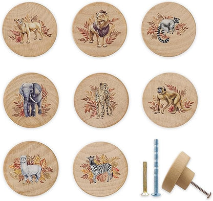 8Pack1.8 Safari Animals Wooden Cabinet Knob Elephant Giraffe Lion Zebra Theme Nursery Room Dresser Drawer Handle Pulls and Knobs