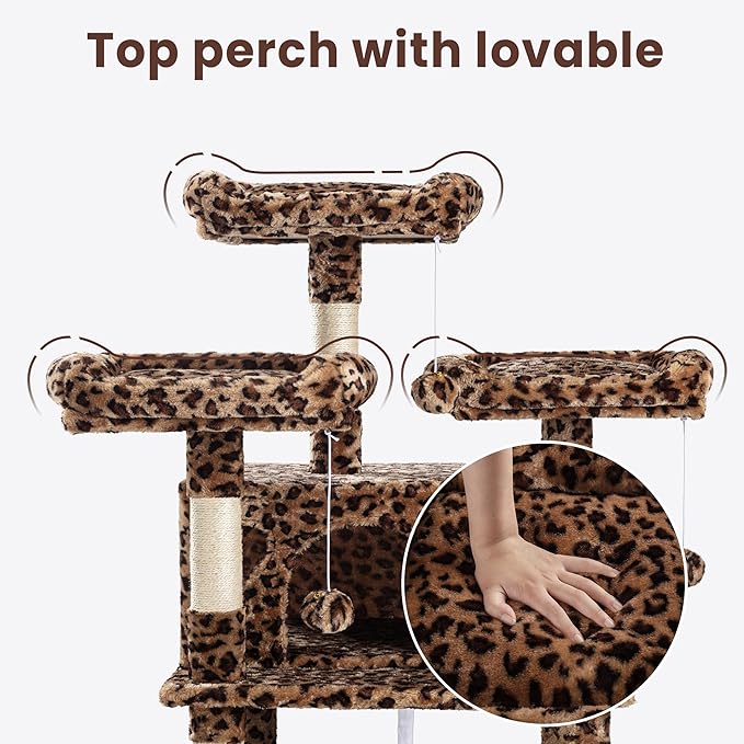 SHA CERLIN 68 Inches Multi-Level Large Cat Tree for Large Kitties/Big Cat Tower with Condo/Cozy Plush ‌Pussycat Perches/Sisal Scratching Posts and Hammocks/Activity Center/Leopard Print-Mewly Pet