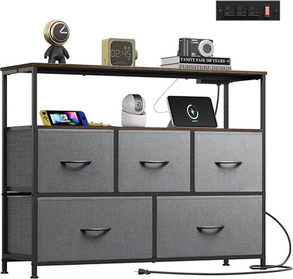 WLIVE 5 Drawer Dresser TV Stand for 45 Inch TV, Entertainment Center with Open Shelf and Power Outlet, Chest of Drawers for Bedroom, Living Room, Closet, Dark Grey