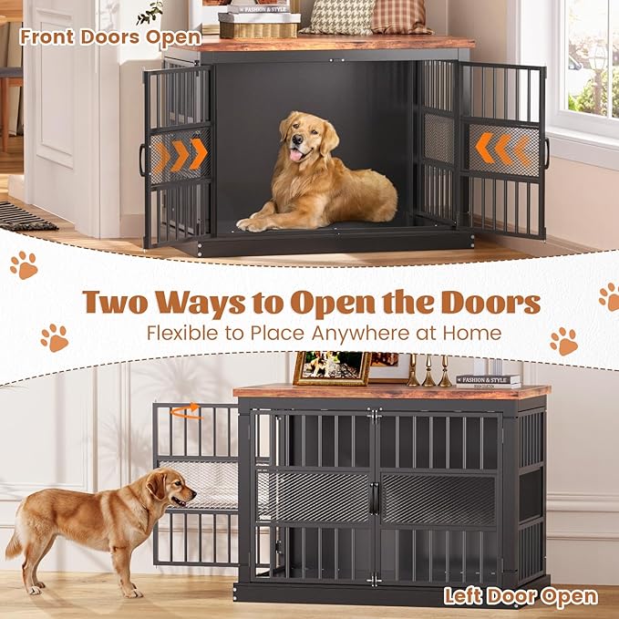 VOPEAK 46" Dog Crate Furniture, Chew Resistant Large Dog Crate for Medium Large Dogs, Heavy Duty XL Dog Crates Dog Kennel Cage Indoor with Double Doors, End Table for Bedroom Living Room, Black-Mewly Pet