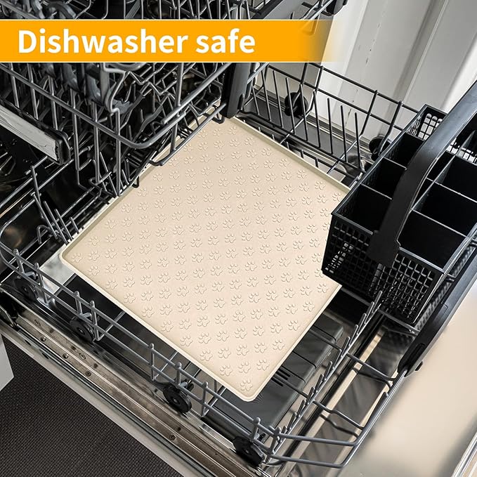 Ptlom Pet Placemat for Dog and Cat, Waterproof Non-Slip Silicone Feeding Bowl Mat Prevent Food and Water Overflow, Puppy Dish Feeder Fountain Trays Suitable for Medium and Small Pets, Beige-Mewly Pet