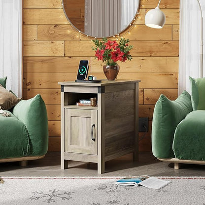 WLIVE Farmhouse End Table with Charging Station, Narrow Side Table for Living Room, Bedroom, Small Nightstand with Storage, USB Ports and Outlets, Small Wooden Cabinet, Greige