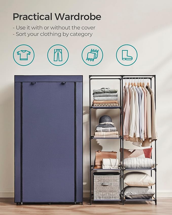 SONGMICS Portable Closet, 34.6 Inch Large Capacity Wardrobe Closet Organizer with Fabric Cover, Hanging Rods and Shelves, 34.6 x 17.7 x 66.1 Inches, for Bedroom, Living Room, Dark Blue URYG084I02