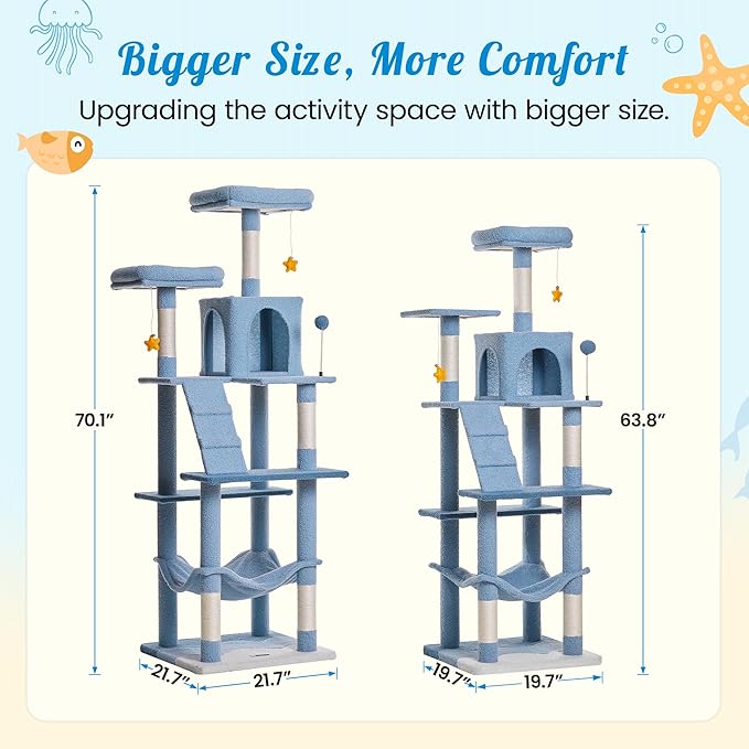 MWPO Ocean-Themed Cat Tree, 70.1-Inch Multi-Level Tall Tower for Indoor Cats, Plush Cat Condo with Big Padded Perches, Sisal-Covered Scratching Posts, Hammock, Toys for Kittens, Blue-Mewly Pet