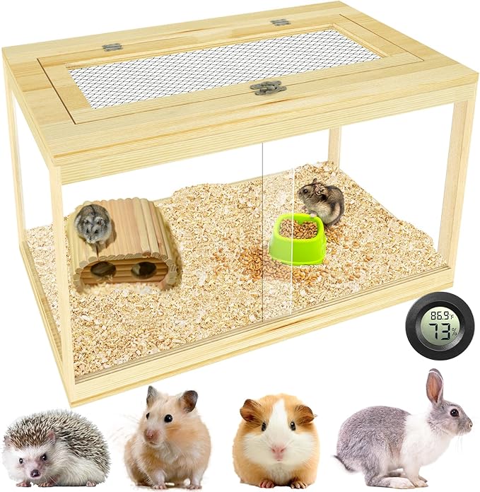 24" Hamster Cage, Lockable Sliding Door Gerbil Cage, Dwarf Hamster Cage with Metal Mesh Roof, Mice and Small Animal Habitat, Chewproof Syrian Hamster Enclosure, (Wooden, 24" L x 16" W x 16" H)-Mewly Pet