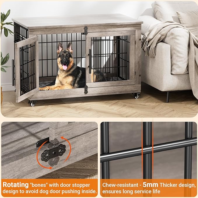 Lulive Large Dog Crate Furniture, 38'' Wooden Dog Crate End Table, Double Door Dog Kennel Indoor with Cushion & Wheels, Decorative Dog Cage House Chew-Resistant for Large/Medium, Grey-Mewly Pet