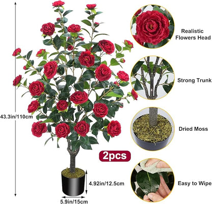 3.6FT Artificial Camellia Fake Tree, Artificial Plants & Flowers with 32 Red Flowers for Door Front Decoration Porch Patio Living Room Office Indoor Outdoor Decor (2PCS Contains Dried Moss)