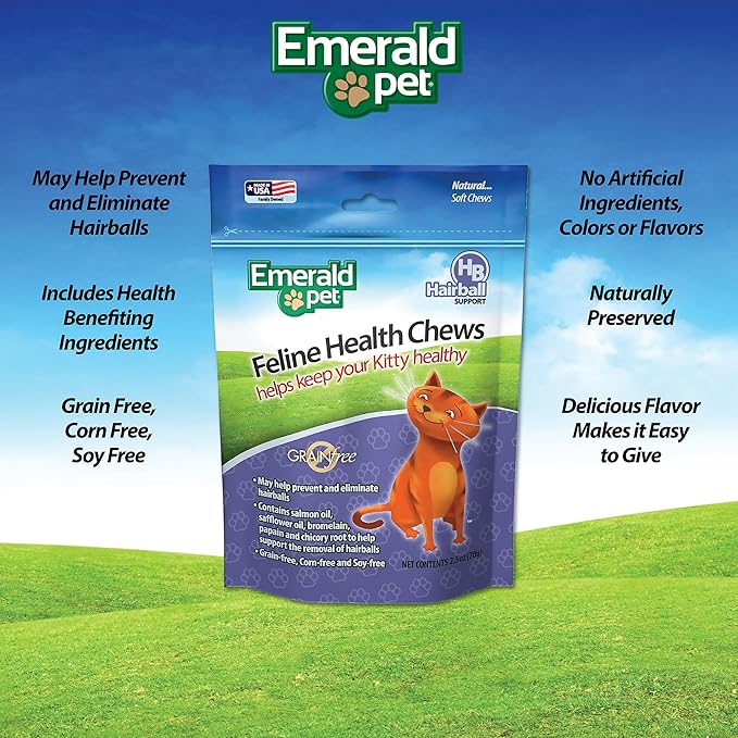 Emerald Pet Feline Health Chews Hairball Support — Natural Grain Free Feline Hairball Control Chews — Hairball Control Cat Supplements for Hairball Prevention and Elimination — Made in USA, 2.5 oz-Mewly Pet