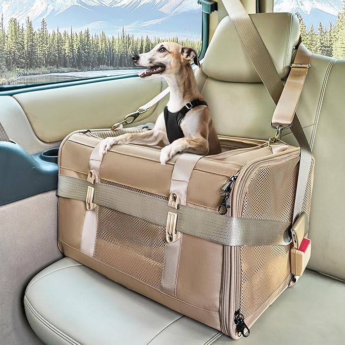 Petsfit 19x12x12 Pet Carrier for Large Cats (up to 20 lbs), Soft-Sided Small Dog Travel Carrier, Upgraded with Patented Buckle and Soft Padding, Ideal for Car Road Trips,Khaki-Mewly Pet