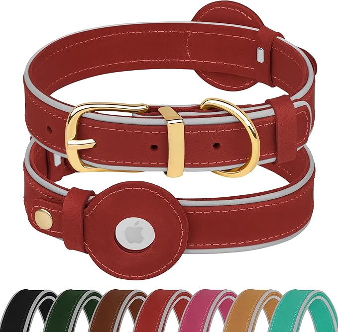 OOPSDOGGY Reflective Geniune Leather Airtag Dog Collar Soft Padded Collars for Small Medium Large Breed Dogs Puppy, 4 Sizes, 7 Colors (Red, Small, 9"-12")-Mewly Pet
