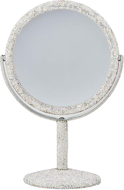TISHAA Bling Makeup Vanity Mirror - Luxury Stand Double Sided Mirror Crystal Rhinestone Portable Desk Bathroom Bedroom (2X Magnification)