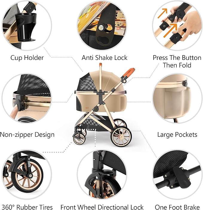 Kenyone Luxury Pet Stroller 3 in 1 with Electroplated Gold Mirror Finish for Medium Small Size Dogs and Cats, High-End Detachable Carrier for Puppy, Kitty, Doggie(C910L Khaki)-Mewly Pet