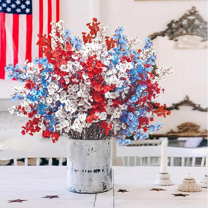 Uieke 6Pcs 4th of July Artificial Flowers Fake Patriotic Babys Breath Flowers for Independence Day Decor Blue White Red Silk Flowers for Memorial Day Floral Arrangement Home