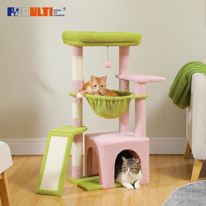 PEQULTI 36.5'' Cat Tree for Indoor Cats, Small Cat Tower with Large Condo, Cat Scratching Posts, Cozy Hammock and Scratching Ladder for Kittens, Pink-Mewly Pet
