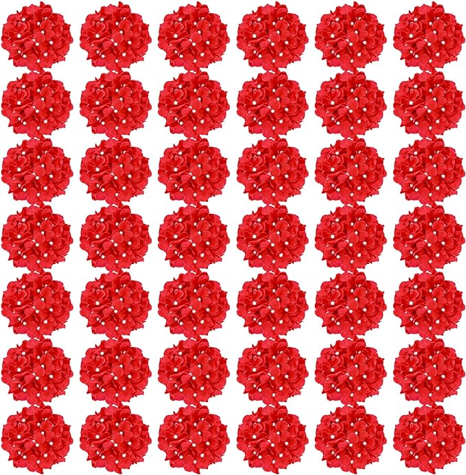 Auihiay 64pcs Hydrangea Artificial Flowers, Red Fake Hydrangea Flowers with Stems, Artificial Hydrangea Flowers for Wedding Centerpieces, Home Garden Party Decoration (Red)