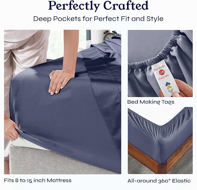 California Design Den Split King Sheets Sets for Adjustable Bed - Soft 400 Thread Count Sateen, Natural 100% Cotton Sheets, Deep Pockets, Breathable, Cooling and Durable Bedding - Indigo Dusty Blue