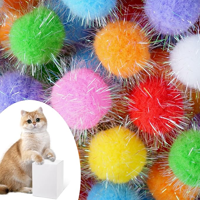 DF DUALFERV 60 Pcs Cat Pom Pom Balls, Interactive Cat Toys, Sparkle Balls for Cats, Extra Large and Fuzzy for Exercise and Entertainment, Multicolor, 1.5 Inch-Mewly Pet