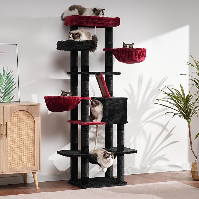 Heybly Cat Tree, 68 inch Multi-Level Cat Tower for Indoor Cats, 2 Widened Plush Perches Cat Condo with Scratching Board and Big Caves, Black and Red HCT025BR-Mewly Pet