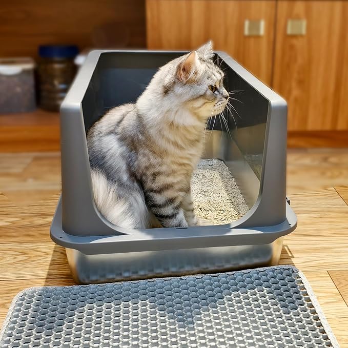 LIHONG Stainless Steel Litter Box with Lid, XL Metal Cat Litter Tray for Indoor Cats, Enclosure Cat Litter Pan for Large Cats, Non-Sticky Large Kitty Litter Box, Anti-Leakage, 23.5" X 15.6" X 12"-Mewly Pet