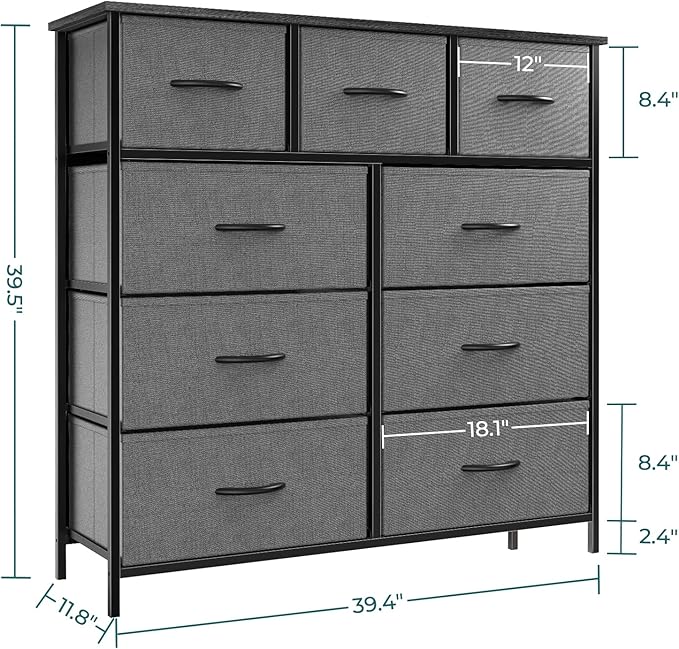 OLIXIS Dresser for Bedroom, 9 Storage Drawers, Tall Large Fabric Storage Tower Organizer, Chest of Drawers with Metal Frame Wooden Top for Nursery, Closet, Living Room, Entryway, Classic Grey