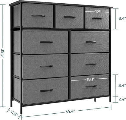 OLIXIS Dresser for Bedroom, 9 Storage Drawers, Tall Large Fabric Storage Tower Organizer, Chest of Drawers with Metal Frame Wooden Top for Nursery, Closet, Living Room, Entryway, Classic Grey