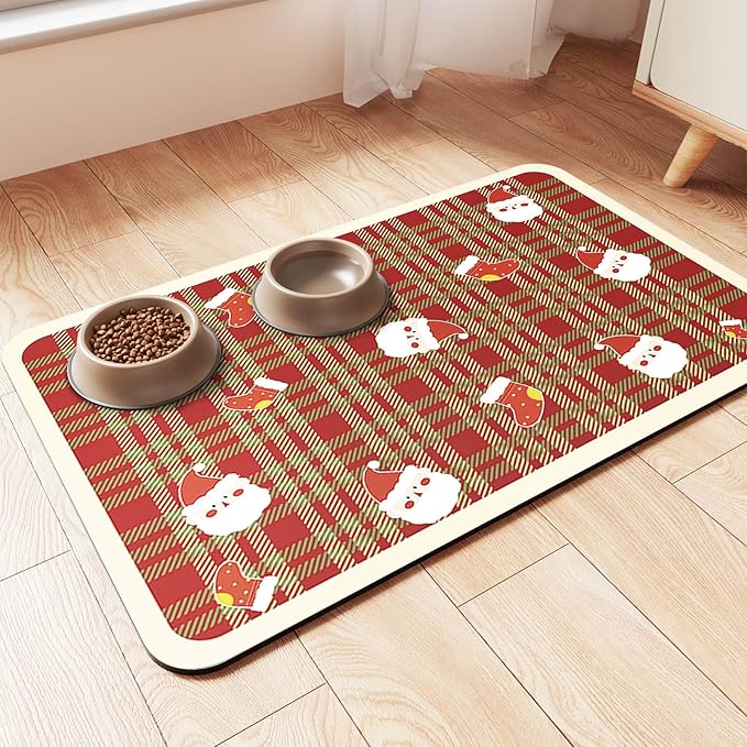Pet Feeding Mat-Absorbent Pet Placemat for Food and Water Bowl, with Waterproof Rubber Backing, Quick Dry Water Dispenser Mat for Dog and Cat(Christmas, 16"x24")-Mewly Pet